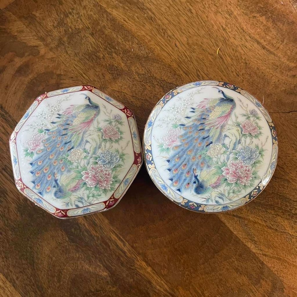 Vintage Japanese Porcelain Trinket Box Set Peacock Floral Round‎ Octagon Decor